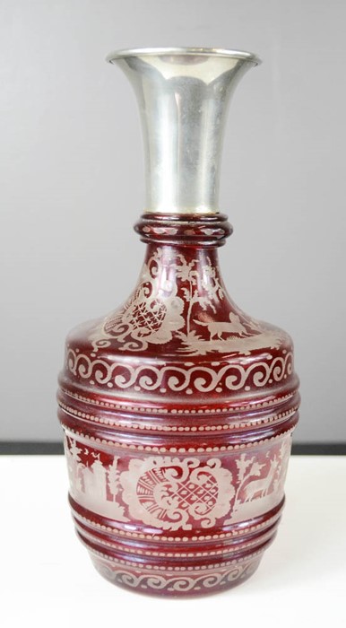 A 19th century Bohemian Austrian glass vase, in red and etched with decoration, and a silver