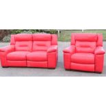 A red leather two seater settee and matching arm chair, mechanical recliners.