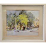 Kathleen Coles (20th century, Market Harborough): watercolour, figures in woodland/townscene.