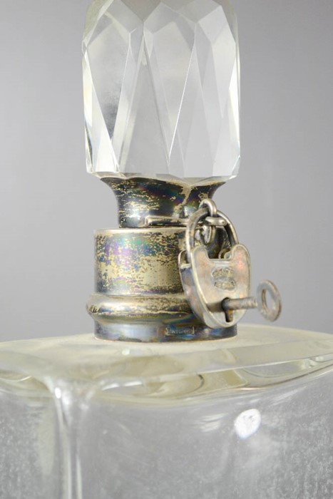 A silver and cut glass decanter, the silver collar having a 'Secure Lever' padlock and key to secure - Image 3 of 3