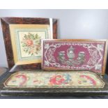 A Victorian tray inset with needlework, a tapestry tray and a picture.