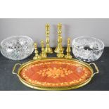 Two cut crystal bowls, brass candlesticks and a marquetry wine tray.
