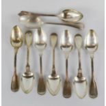 A set of six silver (50 grade) spoons and three others.