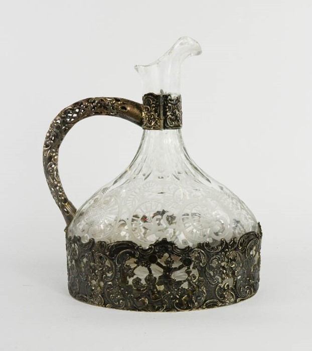 A 19th century etched glass decanter/jug, set in a German silver case by Wienrank & Schmidt Hanau of