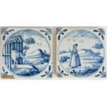 Two 18th century Delft blue and white tiles; cow in a barn and maid in a field, 13 by 13cm.