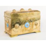 A 19th century gilt metal casket, bearing label inside, and set with semi precious stone cabochons.