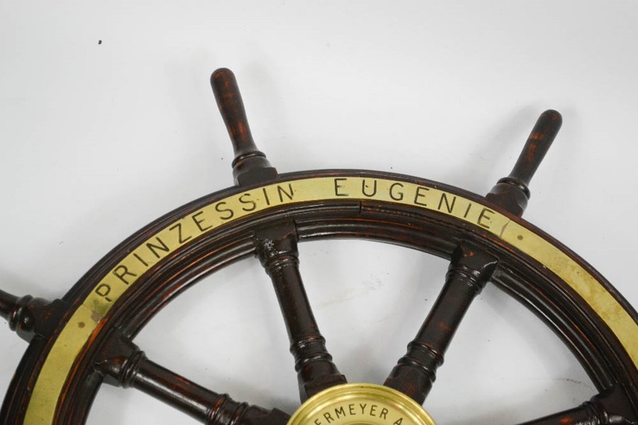 An antique ships wheel, inscribed Prinzessin Eugenie, Hamburg, and to the central brass hub - Image 3 of 3