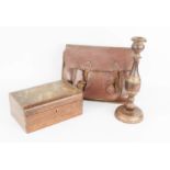 A Victorian cigar box, a leather satchel and a treen candlestick.