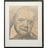 A portrait of Winston Churchill, charcoal sketch.