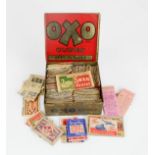 A quantity of early matchbox cases, some wartime examples, in an OXO tin.