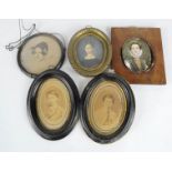 A group of miniature portraits, and two oval sepia photographs of two boys, and a Franz Stuck