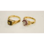 Two 9ct gold rings, one with pink ruby and diamond size N, 5.2g.