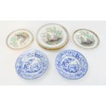 Five Chinese iron stone dishes, and a pair of blue and white saucers, depicting children playing