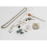 A group of jewellery to include silver: earrings, shamrock brooch, rings, chain, pendant necklace