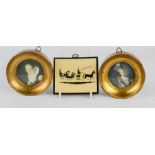 A pair of miniature print portraits in roundel frames, and a further picture.
