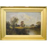 A 19th century oil on canvas, indistinctly signed, depicting a cottage by a river, 38 by 59cm.