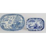 A 19th century blue and white Willow Pattern drainer, and a blue and white dish depicting a