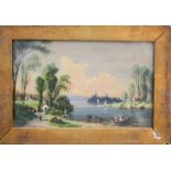 A small Scandinavian watercolour, riverside scene with cattle and figures in boats to the fore, 11