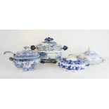 Four Victorian lidded tureens, in blue and white, of various design.