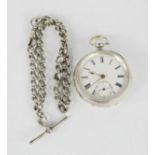 A silver pocket watch and chain, with Roman numeral dial, subsidiary seconds, 4.29toz total.