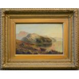 A 19th century oil on canvas, unsigned, lakeland scene with fishing boat to the waters edge, 19 by