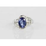 A platinum Kashmir sapphire ring, size M, the sapphire measures 1cm by 0.5cm, 8.6g.