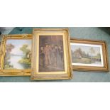 Three pictures; one of boys smoking by a lamp post, an oil on board depicting cottage by a lake, and