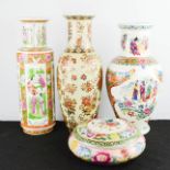 Three Chinese vases and a shallow dish and cover, tallest 46cm high.