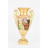 A French porcelain urn, with swan form handles, and painted with tavern scene, 28cm high.