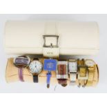 A group of wristwatches, including three Pia examples, in a cream leather watch case.