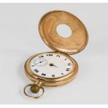 A 9ct gold half hunter pocket watch with Roman numeral dial, 65.9g total.