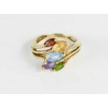 A 9ct gold and paste ring, various coloured marquise cut stones, size M, 3.5g.