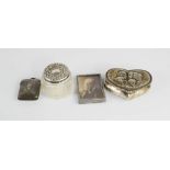 Two silver vesta cases, a silver trinket box embossed with a cherub, and a glass and silver pot.