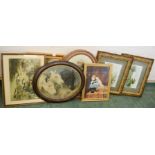 A group of seven pictures, to include oval framed picture of three horses, girl with dog and others.