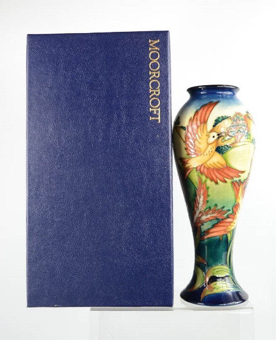 A Moorcroft vase of slender baluster form decorated in the Lark Ascending pattern, designed by