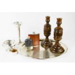 A silver plated tray, vase, hip flask, oak candlesticks.