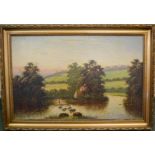 An early 20th century oil on board, depicting cottage by a river with stepping stones, 47 by 74cm.