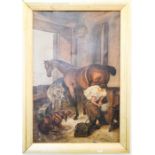 A 19th century oil on canvas, naive blacksmiths interior with horse and other animals, 59 by 39cm.