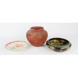 A 20th century cloisonne bowl, Chinese plate, and a terracotta ginger jar.