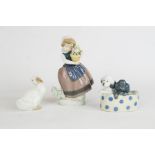 A Lladro figure of a girl holding plant pot 17cm high, together with Nao duck and puppies in a