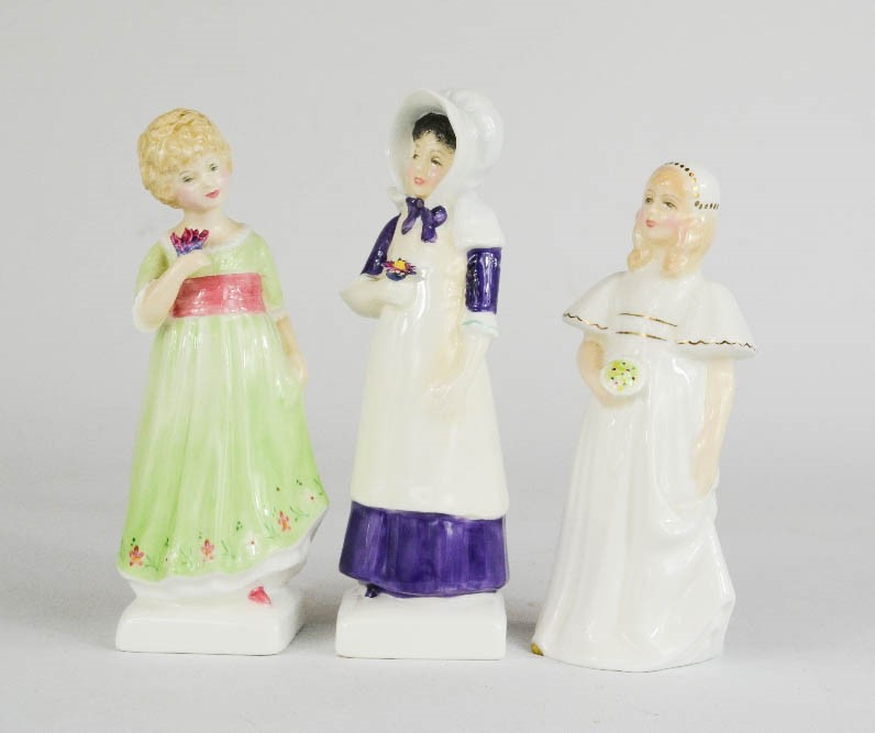 Three Royal Doulton figures; Anna HN2802, Bridesmaid HN2874, Tess HN2865, tallest 15cm high.