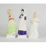 Three Royal Doulton figures; Anna HN2802, Bridesmaid HN2874, Tess HN2865, tallest 15cm high.