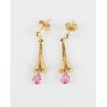 A pair of pink sapphire and 9ct gold drop earrings, 2.3g.