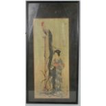 A Japanese gouache on paper, depicting lady beside a Onagadori, 36 by 16cm.