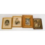 Four small framed pictures, to include two antiquarian hand tinted prints.