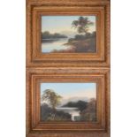 A pair of oil on board landscapes, 16 by 25cm, in gold painted frames.