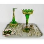 A pair of Bohemian green glass lustres, one A/F.