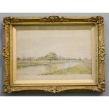 A watercolour depicting a river scene, signed indistinctly, 20 by 30cm, in a giltwood frame.