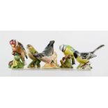 Five Beswick birds: Goldcrest, Grey Wagtail, Blue Tit, Goldfinch, Nuthatch, the tallest measures 8cm