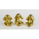 The three wise monkeys in brass; See no evil, Speak no evil, Hear no evil, 12cm high.